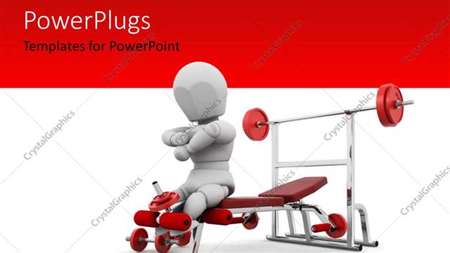  Presentation with weight - 3D man with weight lifting equipments and dumbbells on red