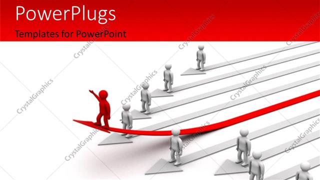  Presentation with competition - 3D men standing on arrows with distinct red man on elevated red arrow?