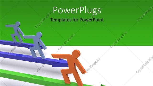  Presentation with competition - 3D men standing on colored arrows over white and green background