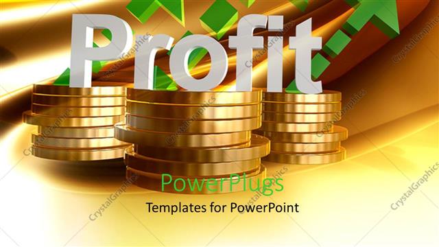  Presentation with upwards - 3D Profit and gain icon words placed over pile of coins and green arrows pointing upwards with golden waves