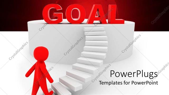  Presentation with stairway - 3D red figure heading to stairway leading to red goal word