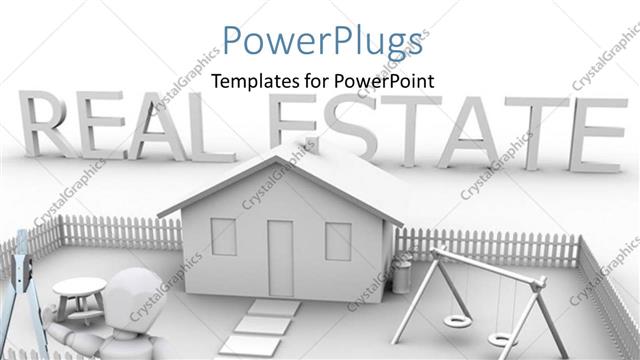  Presentation with real estate - 3D render of a house with a 3D human character with Real Esate word