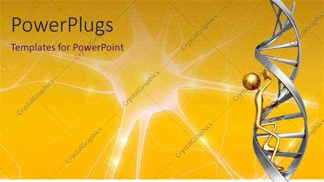  Presentation with neuron - 3D representation of golden figure climbing up a DNA strand with neuron on yellow background