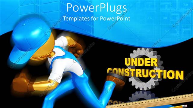  Presentation with under construction - 3D running figure with gear, ruler, pencil and blueprints with yellow under construction words