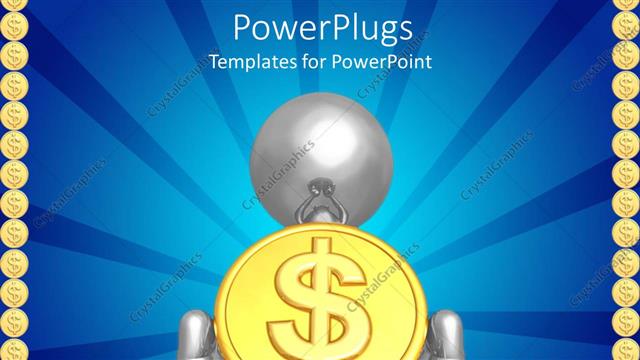 Presentation with golden dollar sign - 3D silver figure holding golden coin with dollar sign in hands with lines of golden coins framing both sides of the screen