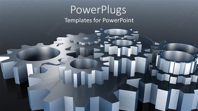  Presentation with machinery - 3D silver metal gears connected together to make machinery work on gradient gray and black background