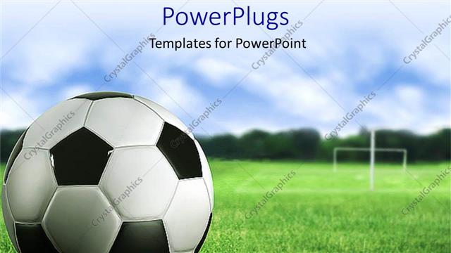  Presentation with football field - 3D soccer ball close up on green soccer field