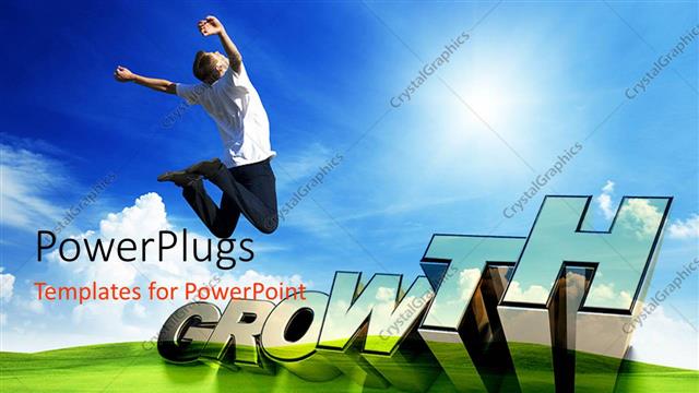  Presentation with growth - 3D text GROWTH, and man jumping with hands raised on green garden