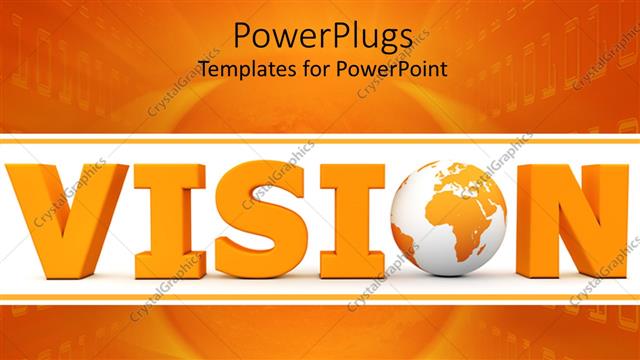  Presentation with vision - 3D vision word with globe instead of o letter on white and orange background