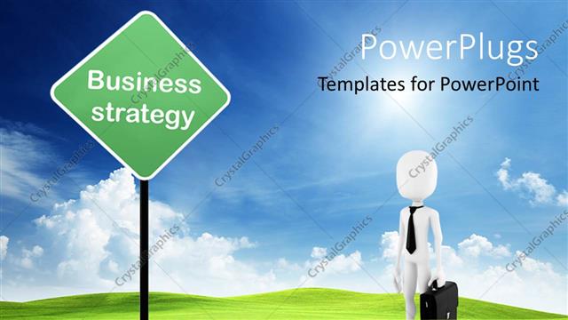  Presentation with suitcase - 3D white figure of business man with black tie and suitcase standing close to business strategy signpost on blue sky background