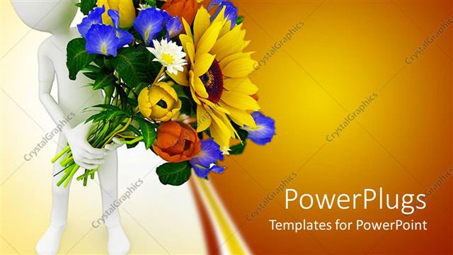  Presentation with colorful flower - 3D white figure holding beautiful flower bouquet with colorful roses and sunflower