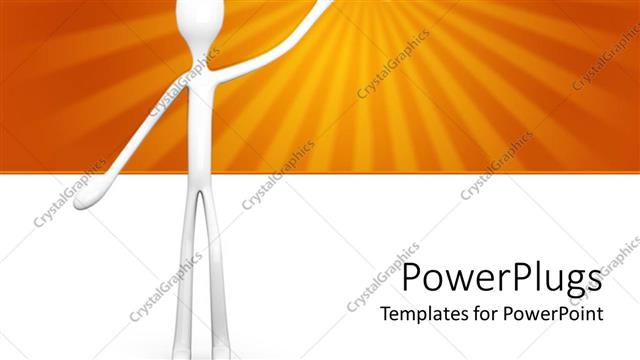  Presentation with king crown - 3D white figure holding gold crown in raised hand with sun rays on orange and white background