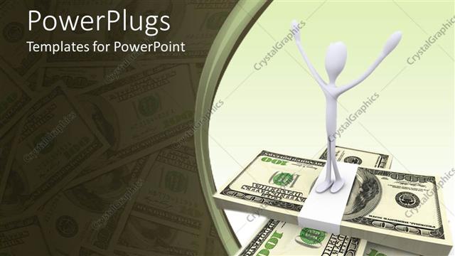  Presentation with business success - 3D white figure with raised hands standing on stacks of money bills