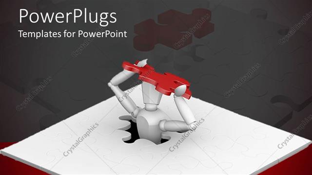  Presentation with final - 3D white figure with red jigsaw puzzle piece finishing puzzle