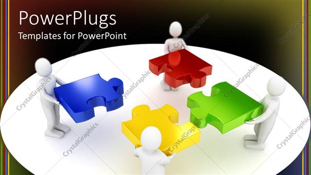  Presentation with red yellow green blue jigsaw - 3D white figures holding blue, red, green and yellow jigsaw puzzle pieces trying to complete puzzle