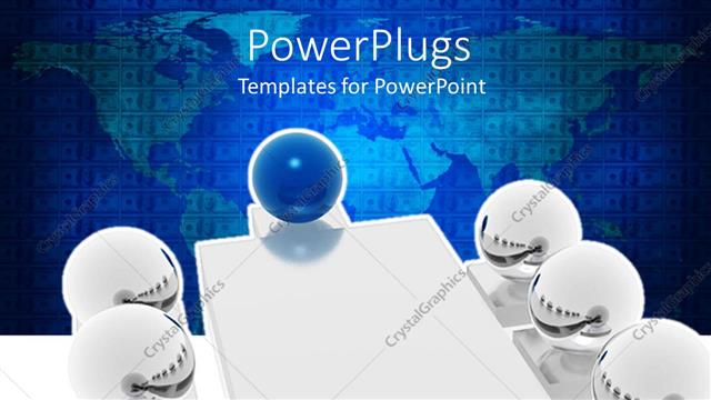  Presentation with meeting table - 3D white figures and one glowing head figure sitting around a business meeting table with the map of world in the background