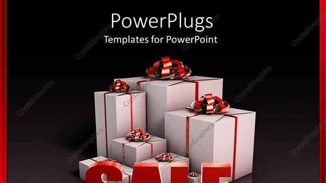  Presentation with gift - 3D white gift boxes with red ribbons and large sale word in front of presents