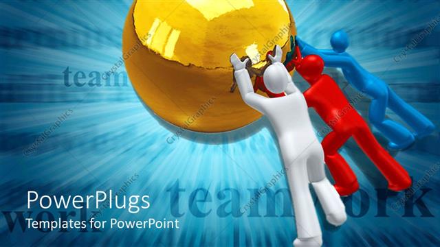  Presentation with golden - 3D white red and blue figures pushing together a golden sphere teamwork word on blue background