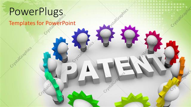  Presentation with patent - The 3D word Patent surrounded by many colorful light bulbs with map