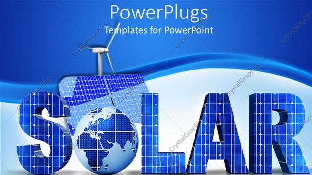  Presentation with windmill - 3D word solar with Globe instead of letter O, solar panel and windmill on blue and white background