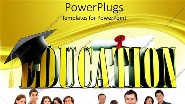  Presentation with graduation - 3D yellow education word with graduation hat and diploma and students holding books and notebooks