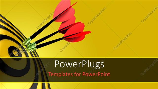  Presentation with hit target - Three pink colored darts hitting the middle of a yellow and black colored dart board