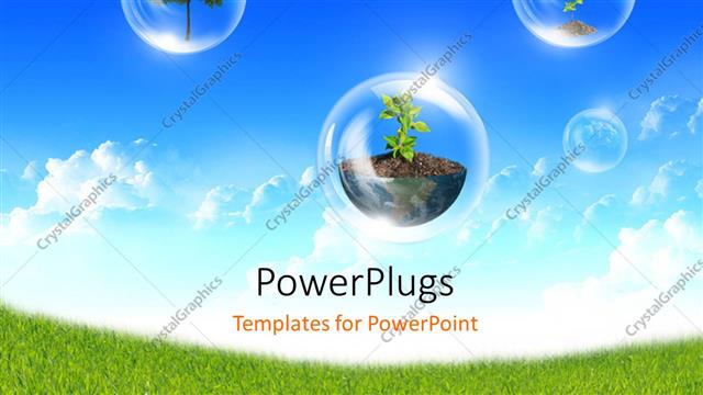  Presentation with environment protection - Abstract bubbles symbol of environment protection against the blue sky and clouds