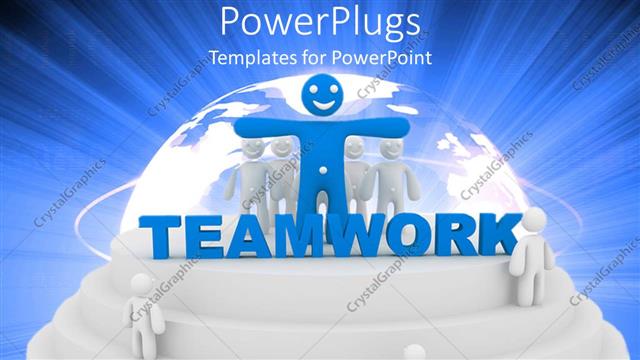  Presentation with abstract blue globe - Abstract depiction of half globe on top of circular shaped stairs with three white figures on stairs and big blue figure in front of group of white figures and blue teamwork word