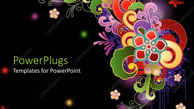  Presentation with black abstract - Abstract floral pattern with various colored shapes and glowing colored spots on a black background