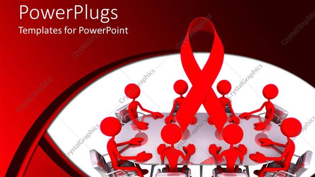  Presentation with awareness - Abstract people sits across table for presentation on red and white background