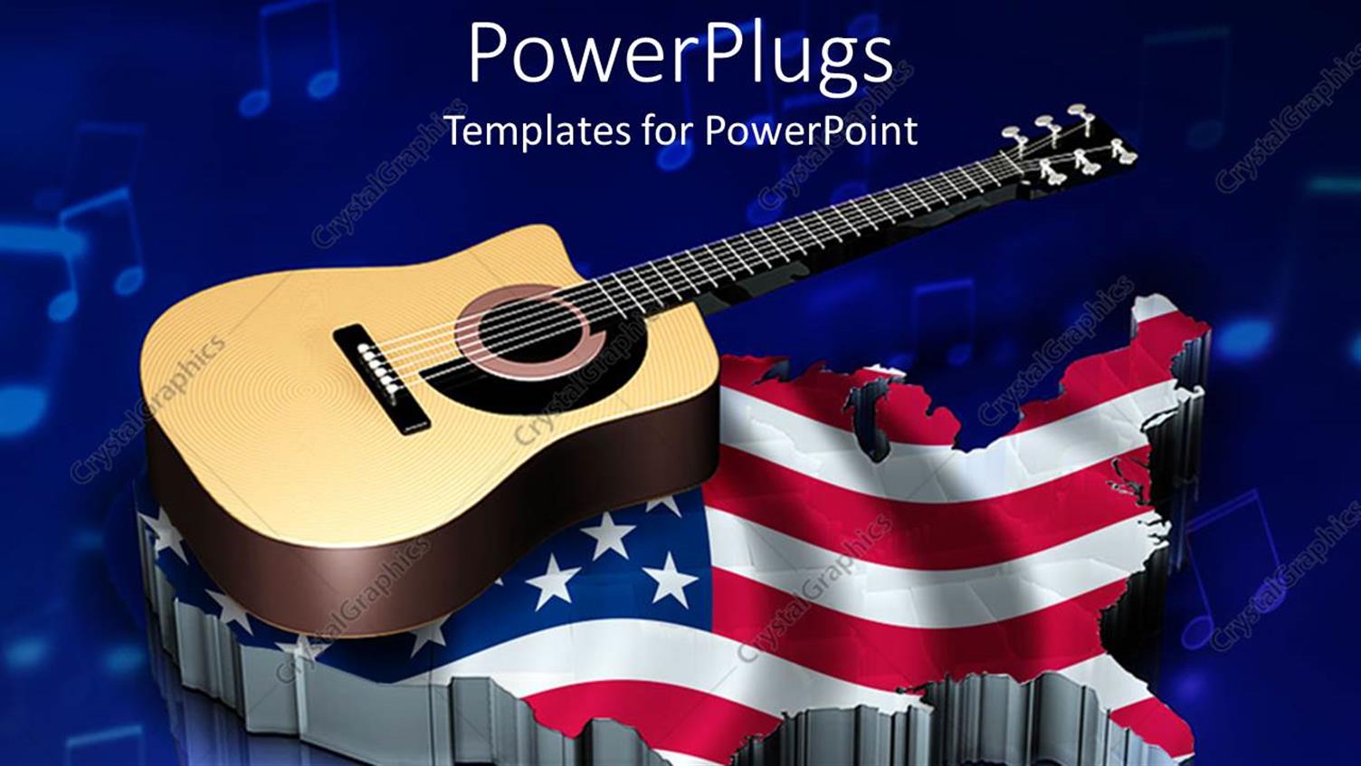 Featuring Acoustic Guitar on Top of USA Map with American Flag, Music Note Blue Background