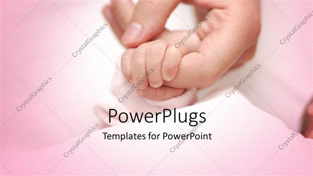 Presentation with baby - An adult female hand holding a baby's hand on a pink surface