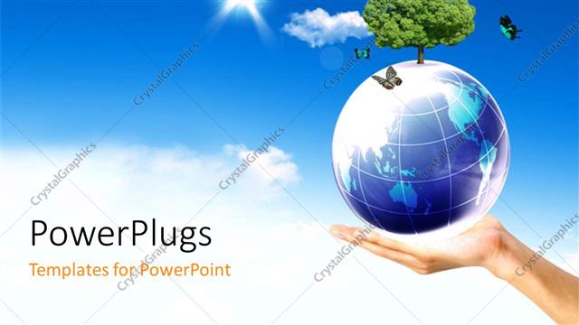  Presentation with save earth - An adult hand holding an earth globe with a plant