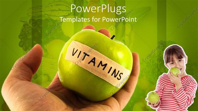  Presentation with plaster - Adult hand holding green apple with vitamins word written on plaster and girl holding a green apple in one hand and biting from a green apple on healthy food in the green background