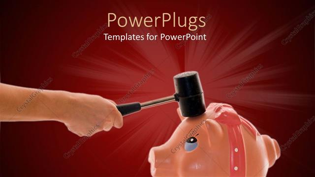  Presentation with crisis - An adult hand holding a hammer and breaking open piggy bank