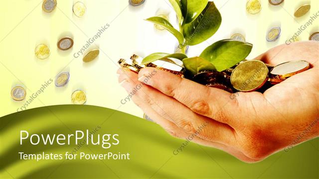  Presentation with hand holding plant - Adult hand holding a plant sprout with gold coins