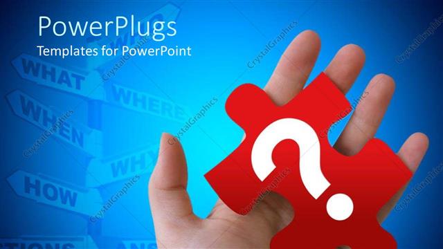  Presentation with red puzzle - Adult hand holding a red puzzle piece with a white question mark