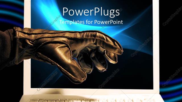  Presentation with hacker - An adult hand wearing thick black gloves hovering over a white laptop