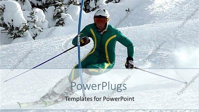  Presentation with skating - Adult male on green sports wears skating on ice