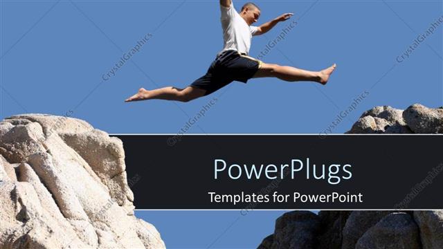  Presentation with hill - Adult male jumping from one hill to another with clear blue sky