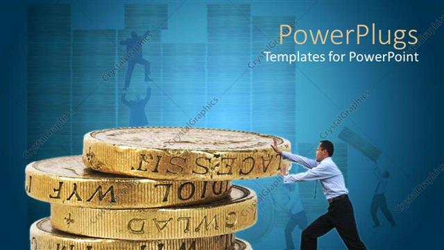  Presentation with blue business - Adult male pushing large stacked up coins on a blue background