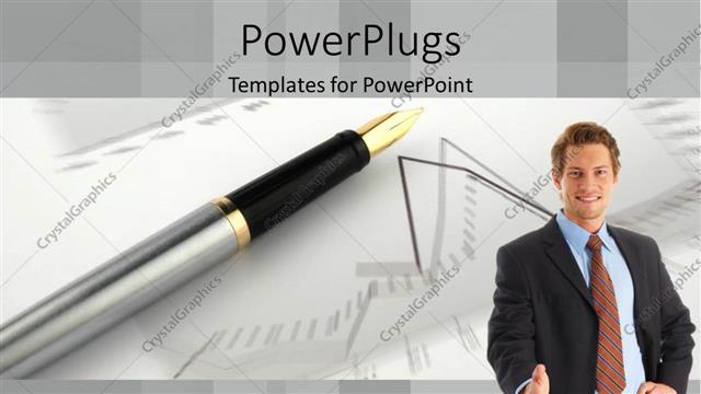  Presentation with corporate - Adult male smiling with his and stretched out and a pen