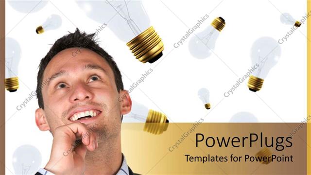  Presentation with light bulbs - Adult man thinking and smiling with floating light bulbs