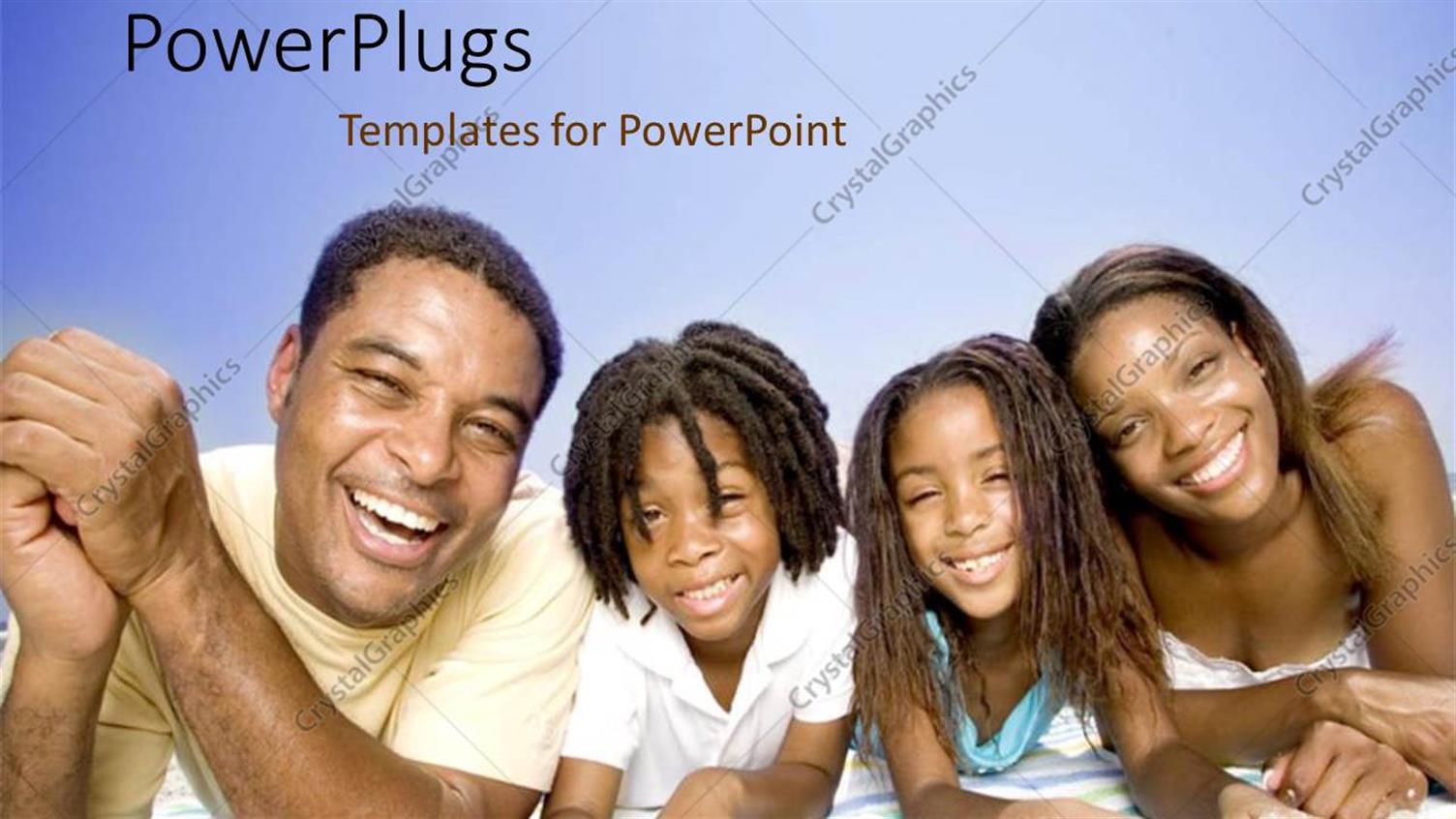 Featuring African American Family with Father, Mother Boy and Girl Laying on Towel on Beach