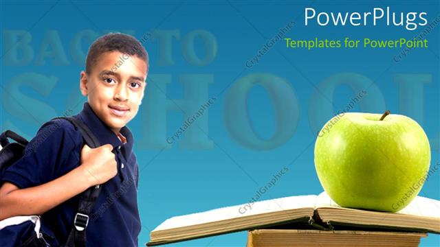  Presentation with school apple - An African school kid with an apple on a stack of books
