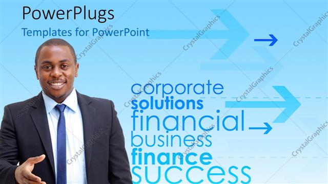  Presentation with successful - Afro-american businessman extending his hand with business keywords in background
