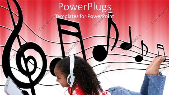  Presentation with sheet music - Afro haired little girl sitting on the floor with open laptop and headphones and music notes on sheet on white and red background