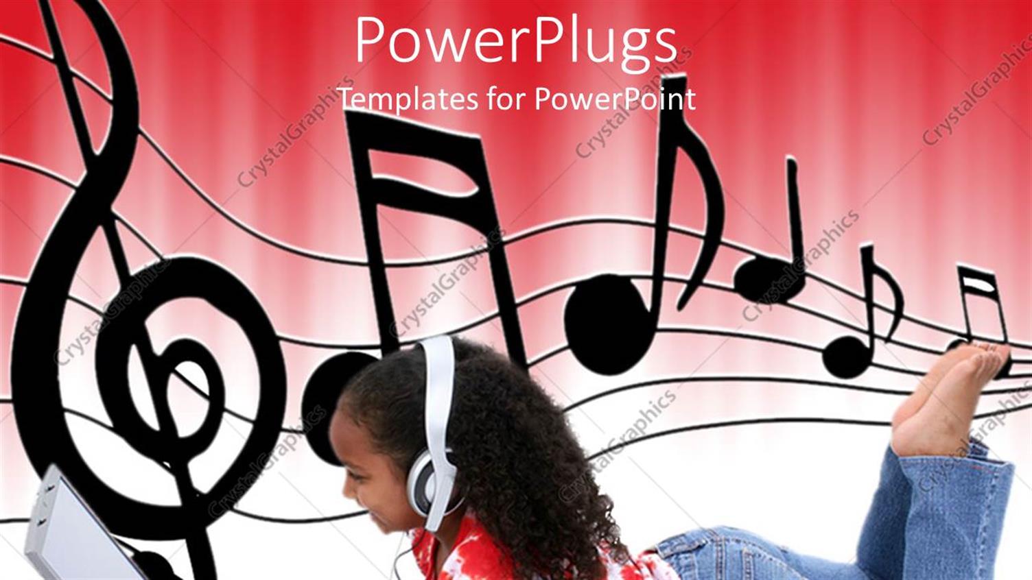 Featuring Afro HaiRed little Girl Sitting on the Floor with Open Laptop and Headphones and Music Notes on Sheet on White and Red Background