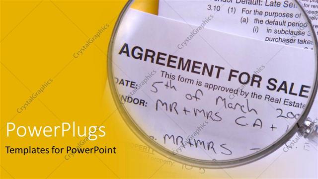  Presentation with real estate - Agreement for sale under magnifying glass, contract, real estate, yellow border