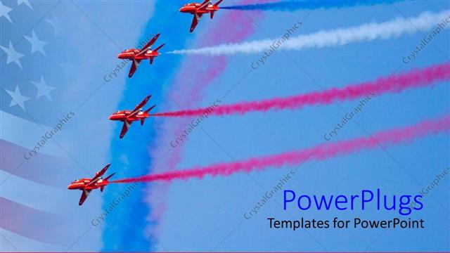  Presentation with trail - Air show of five airplanes with trail of colored smoke